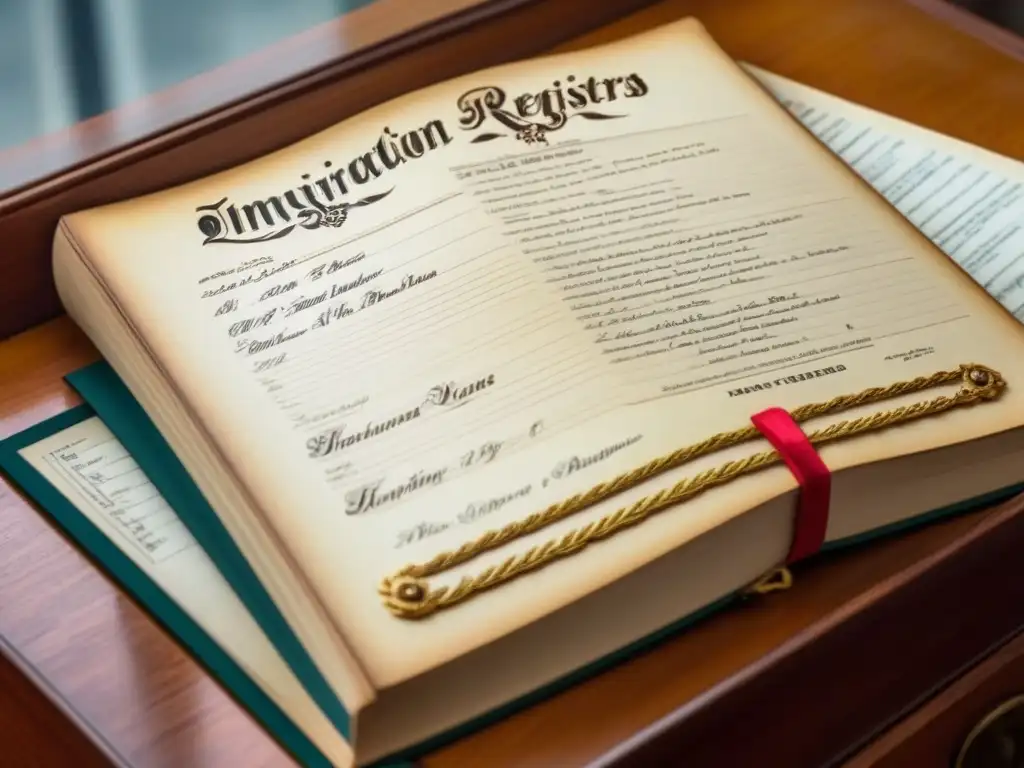 Registro de Inmigración Vintage: Detalles Históricos Registro de inmigración vintage detallado en madera con nombres de pasajeros y detalles de barcos