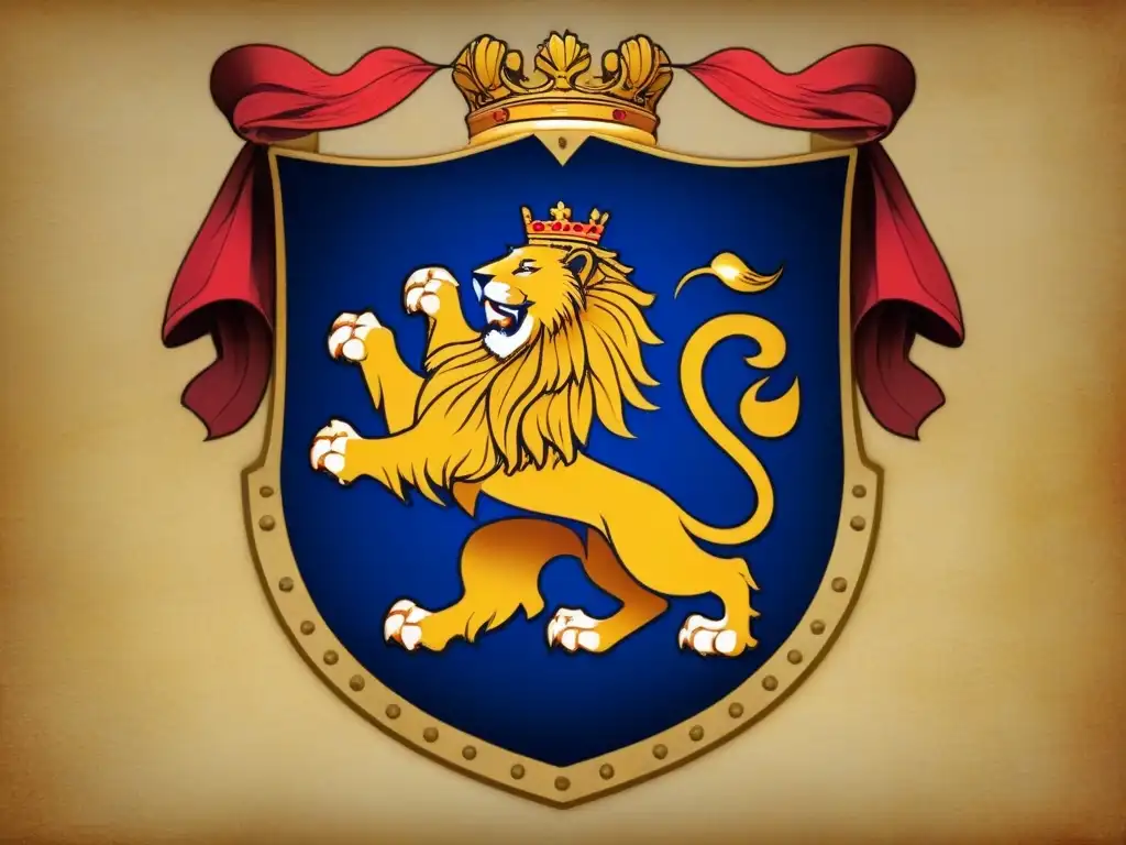 Registros heráldicos antiguos linajes: un detallado escudo medieval con leones, flores de lis y colores reales en pergamino envejecido