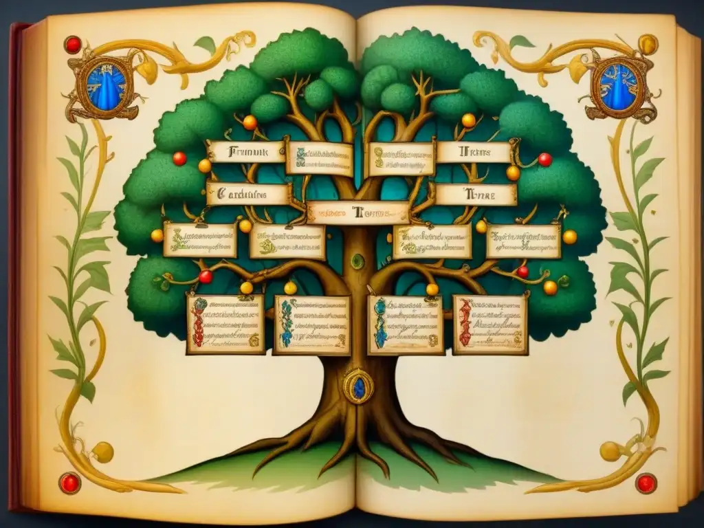 Registros medievales genealogía digitalizados: Intrincado árbol familiar en manuscrito medieval iluminado, con caligrafía y detalles coloridos