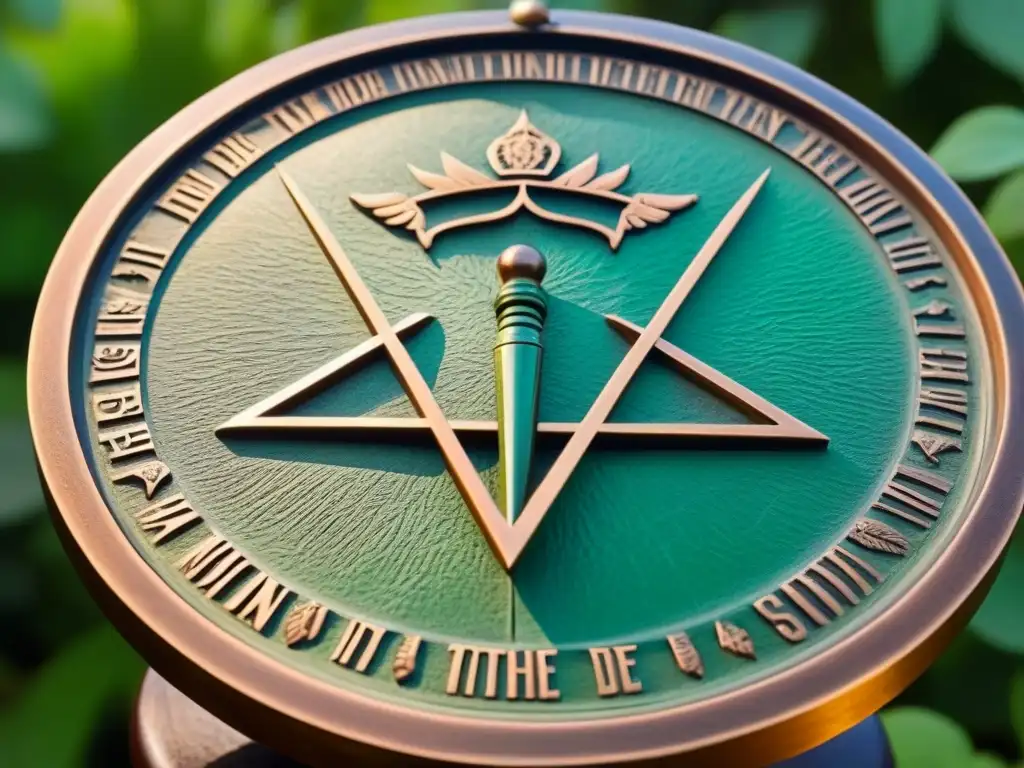 Un reloj de sol de bronce personalizado con un escudo familiar, en un jardín verde