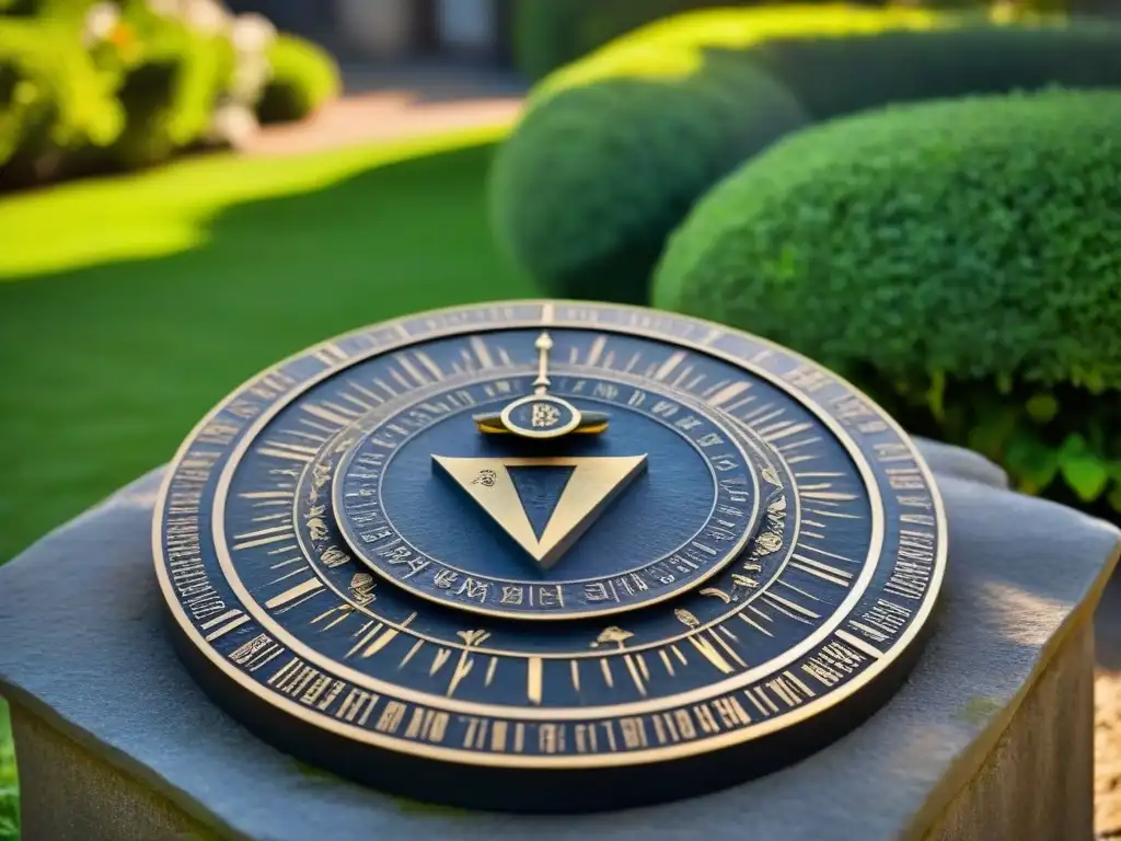 Un reloj de sol personalizado con escudo familiar, proyectando sombra en un pedestal de piedra en un exuberante jardín soleado