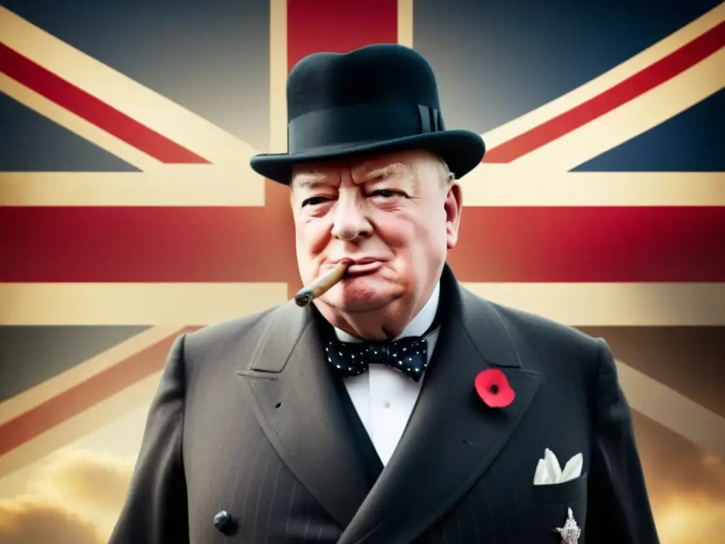 Retrato detallado de Winston Churchill con la bandera británica de fondo, expresión firme y su icónico sombrero de copa y cigarro