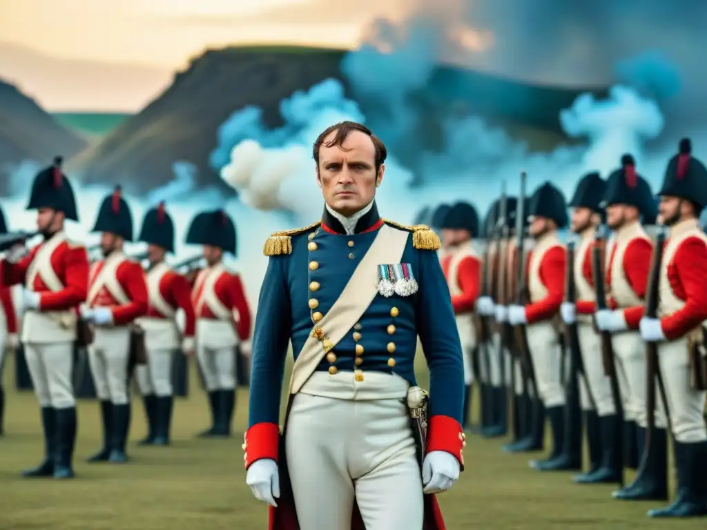 Un retrato detallado de Napoleón Bonaparte en su icónico uniforme militar, observando confiado un vasto campo de batalla