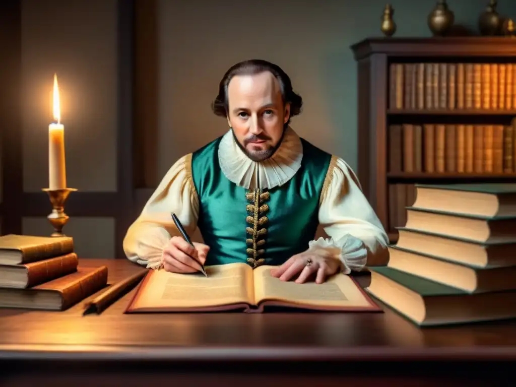 Retrato detallado de William Shakespeare en su escritorio del siglo XVI Un retrato detallado de William Shakespeare en su escritorio, rodeado de plumas, pergamino y libros, iluminado por velas