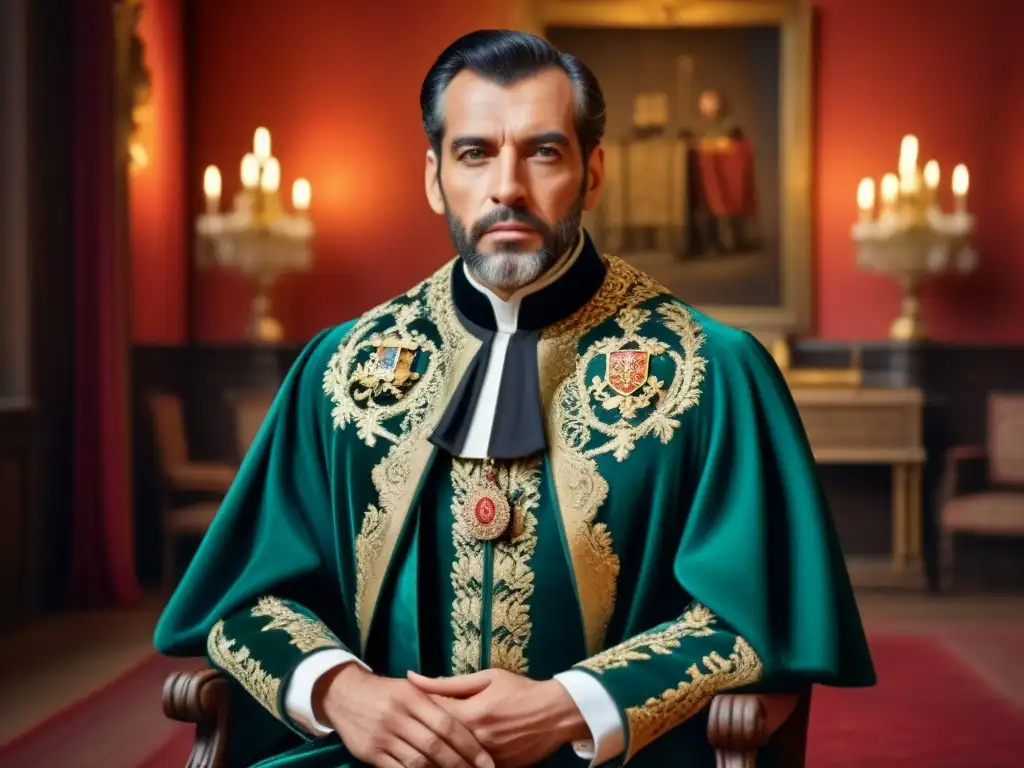 Retrato detallado de un noble español del siglo XVI en una cámara grandiosa con el escudo de 'Dívar'