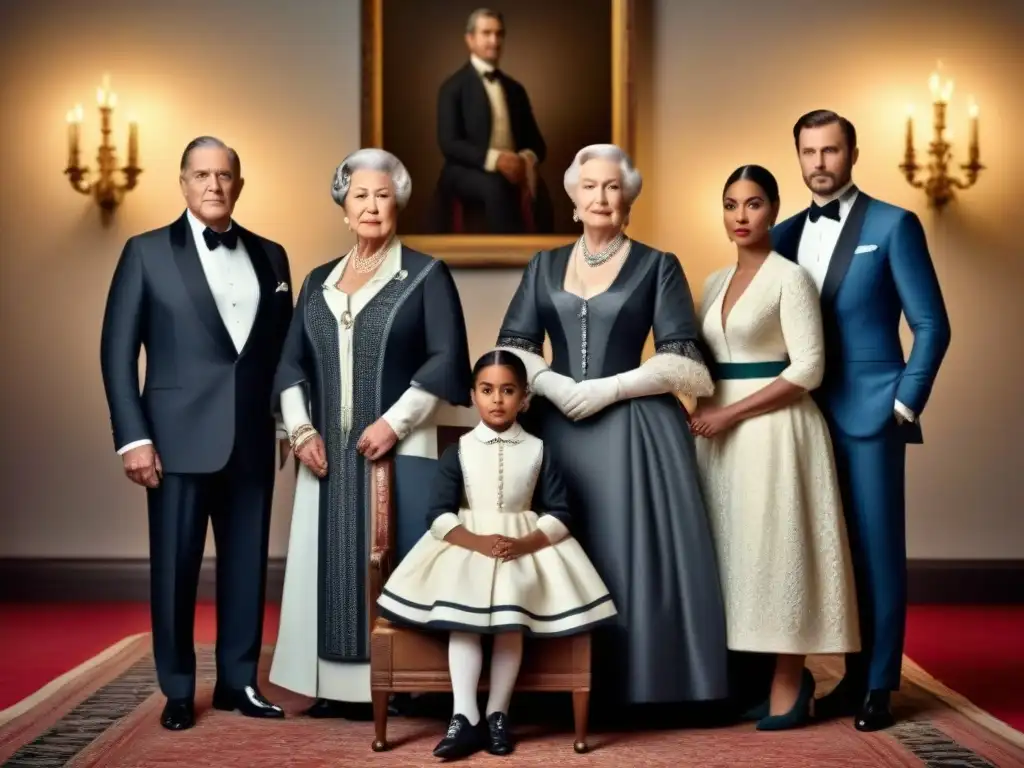 Retrato de la familia Lugones en vestimenta histórica, reflejando la historia del apellido Lugones en un entorno de elegancia y legado