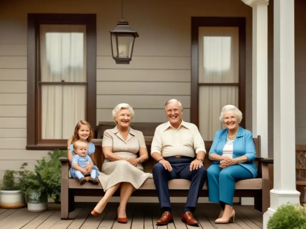Retrato familiar vintage: tres generaciones unidas en un columpio Retrato familiar vintage con tres generaciones en un columpio, expresando vínculos familiares y nostalgia