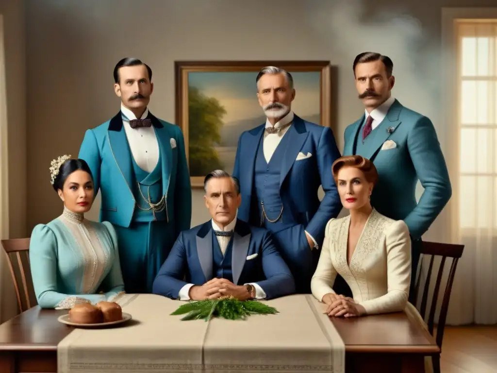 Retrato familiar vintage en sepia del siglo XX con expresiones sombrías que reflejan el impacto de eventos históricos en genealogía