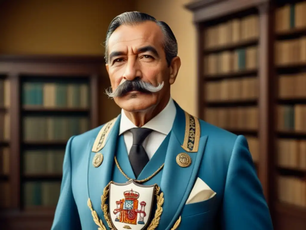 Retrato vintage de un anciano con bigote, traje español y escudo familiar 'Gutiérrez' en una biblioteca antigua