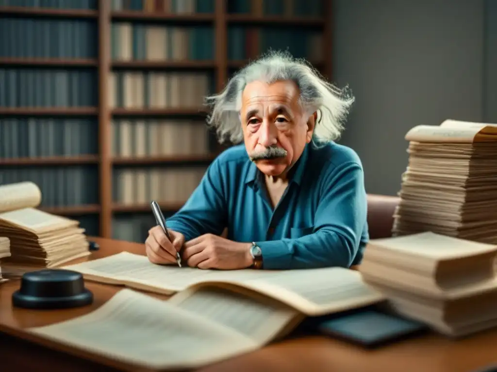 Retrato vintage en blanco y negro de Albert Einstein concentrado en su escritorio, rodeado de ecuaciones