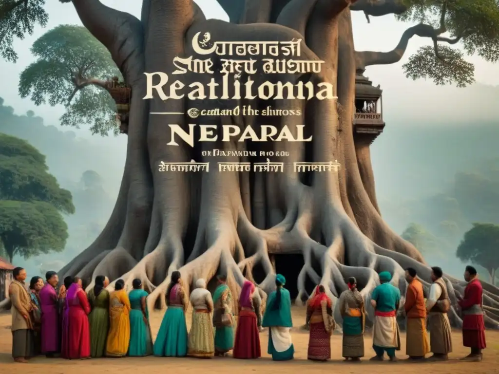 Un retrato vintage de la diversidad cultural en Nepal: personas en trajes tradicionales alrededor de un árbol genealógico con apellidos históricos