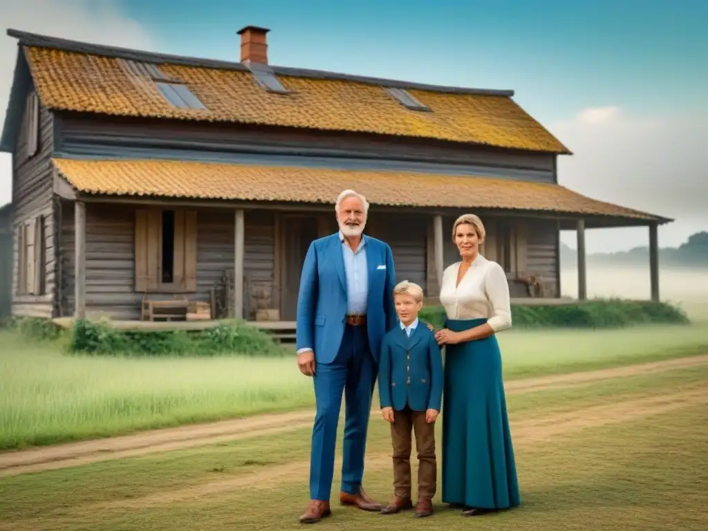 Retrato vintage de una familia frente a una granja, mostrando la fuerza de los lazos familiares