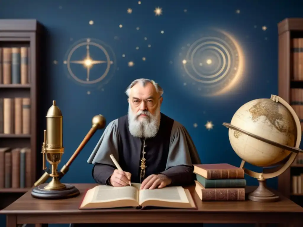 Retrato vintage de Galileo Galilei en su estudio rodeado de instrumentos astronómicos antiguos, mapas celestes y libros, reflejando su historia