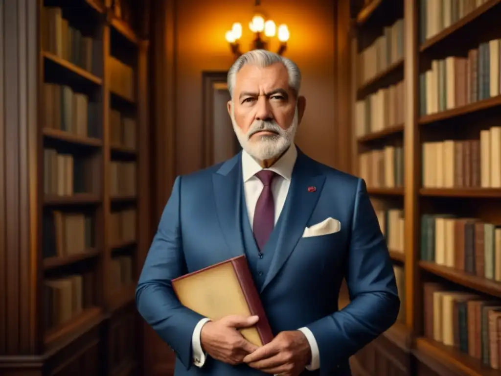 Retrato vintage de un patriarca de la familia Porras en biblioteca antigua, irradiando sabiduría y autoridad