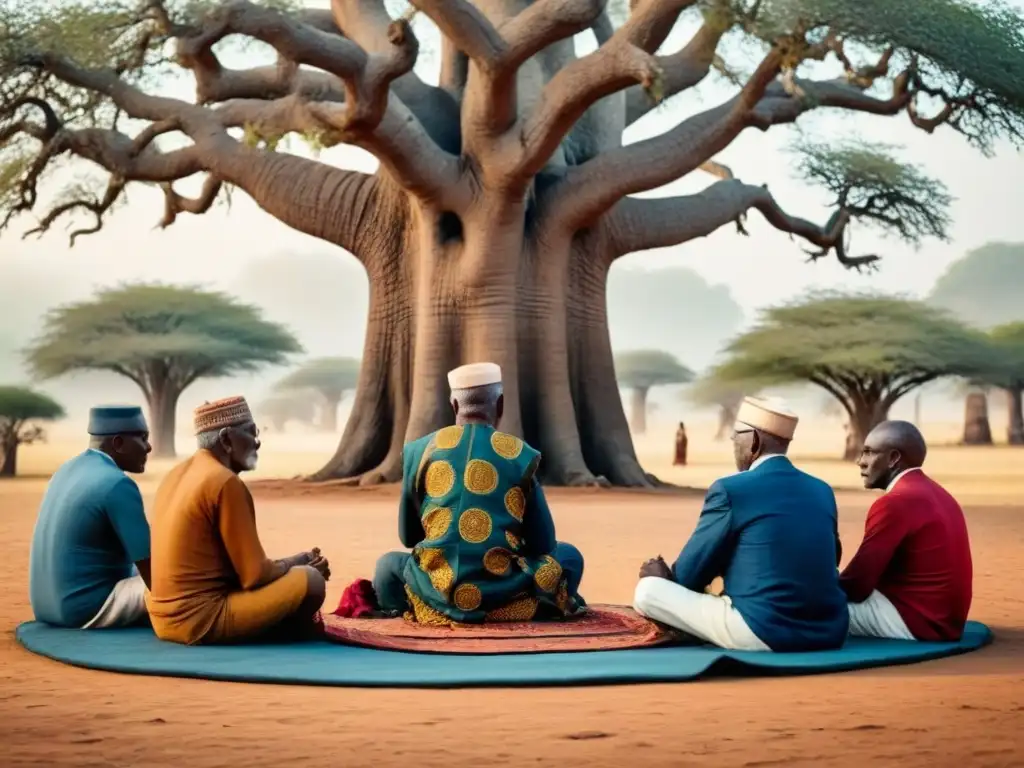 Reunión de ancianos africanos bajo Baobab, en profunda conversación, rodeados de artefactos tradicionales y pergaminos