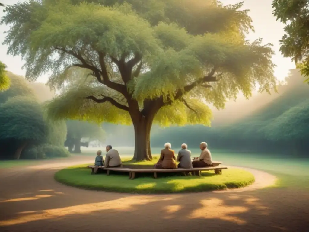 Reunión familiar bajo un árbol en tonos sepia