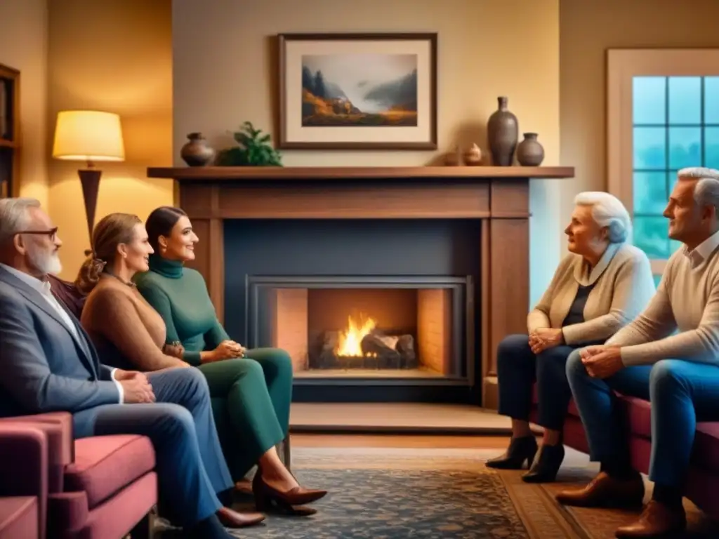 Reunión familiar alrededor de la chimenea, compartiendo historias en ambiente acogedor