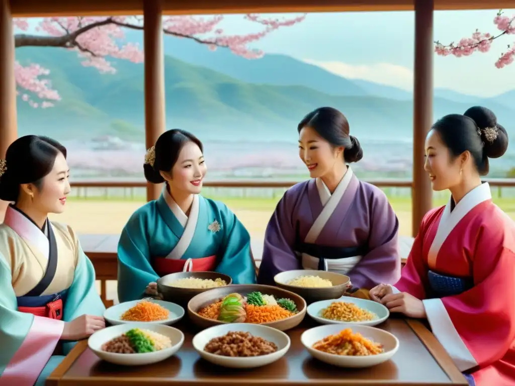 Reunión familiar coreana con hanboks y comida tradicional rodeados de naturaleza