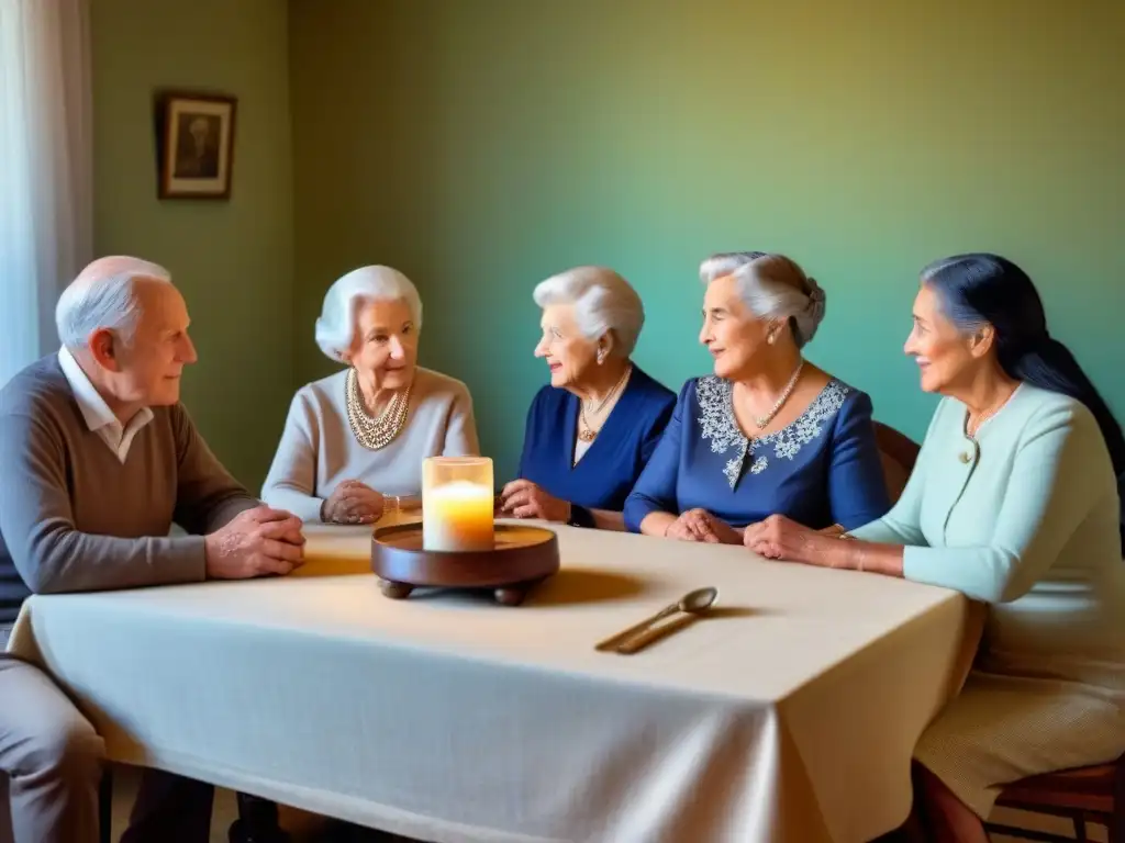 Reunión familiar alrededor de la mesa, preservando historias familiares genealogía en cálida atmósfera de amor y tradición