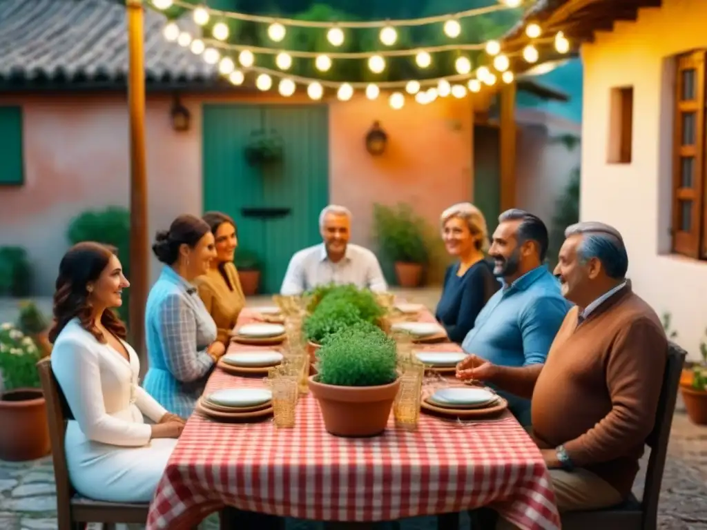 Una reunión familiar en un patio siciliano tradicional, con mesa de madera larga y platos italianos caseros