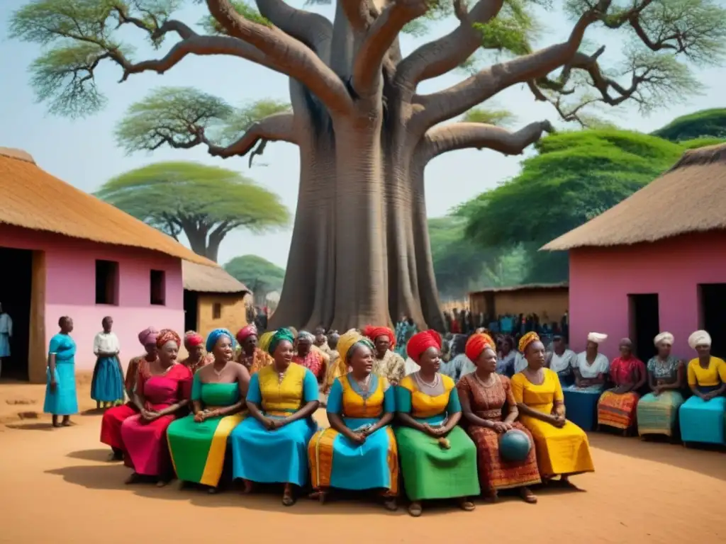 Una ilustración vintage de alta resolución capturando la rica herencia yoruba con actividades tradicionales bajo un majestuoso árbol baobab