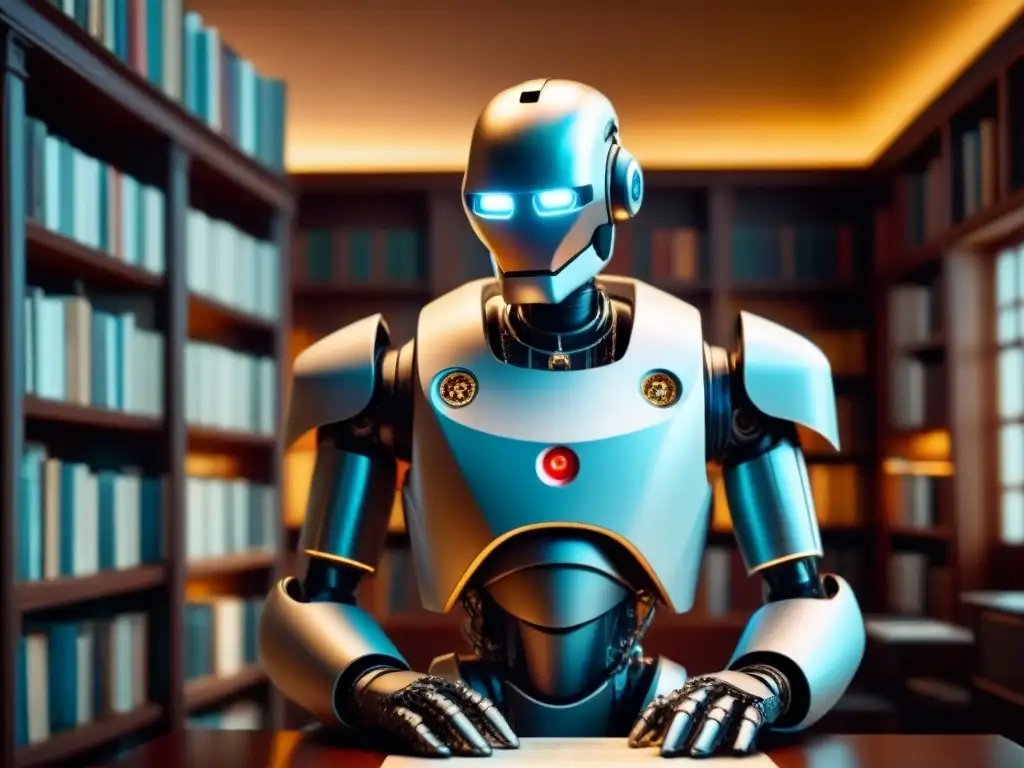 Un robot futurista escaneando árboles genealógicos en una cálida biblioteca