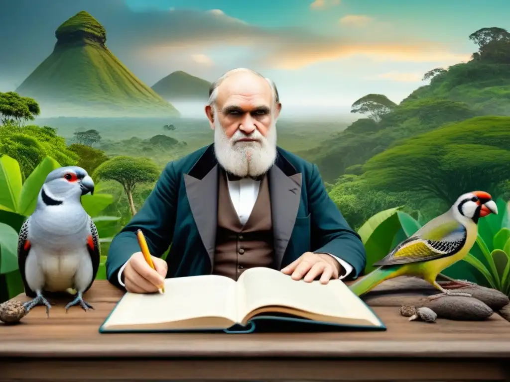 Ilustración vintage de Charles Darwin rodeado de pinzones y tortugas en un exuberante paisaje tropical, reflejando la Evolución del apellido Darwin