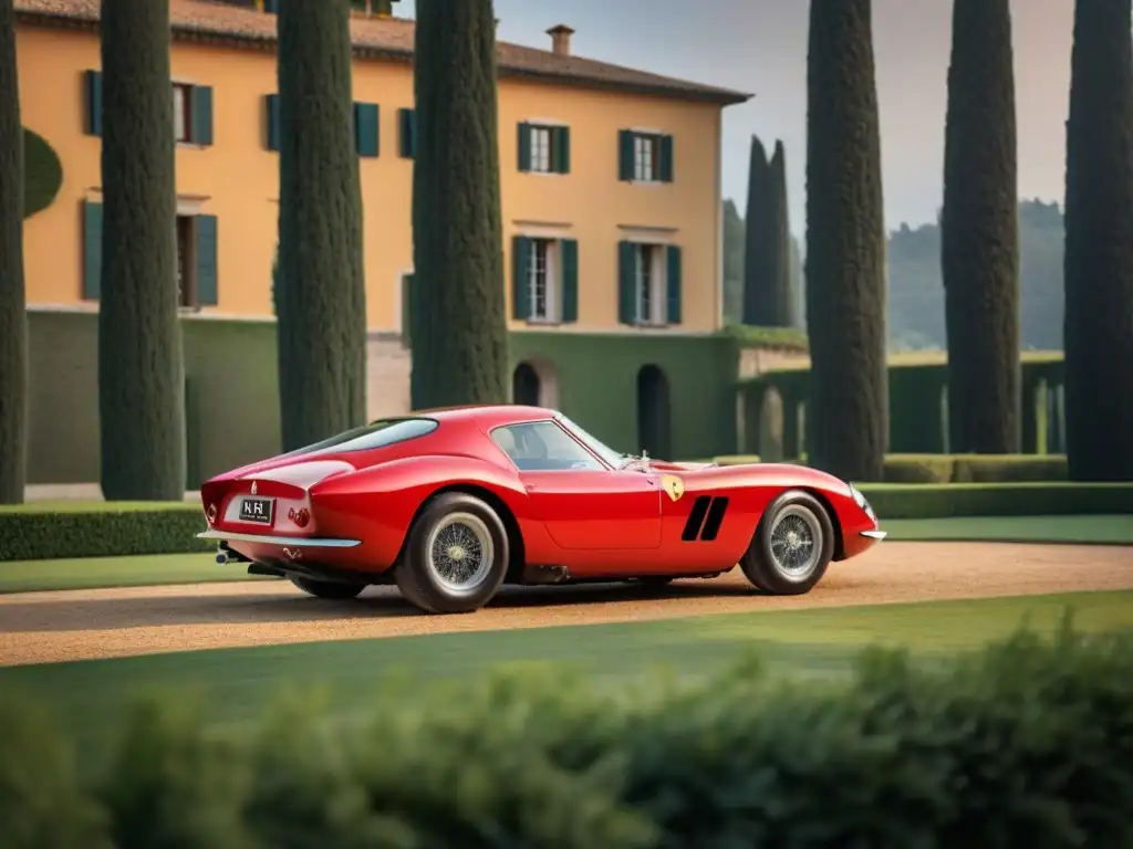 Un Ferrari 250 GTO rojo frente a una villa italiana antigua, rodeado de vegetación exuberante