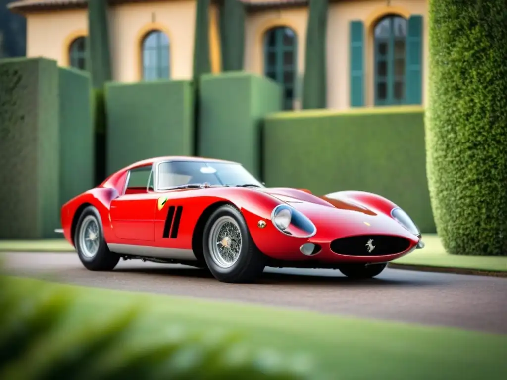 Un Ferrari 250 GTO rojo bajo el sol italiano, frente a una villa histórica