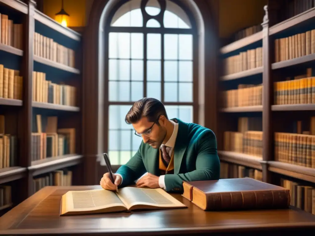 Un sabio investigador examina un árbol genealógico amarillento en una biblioteca vintage llena de libros antiguos y documentos, evocando curiosidad intelectual en la historia de apellidos en archivos