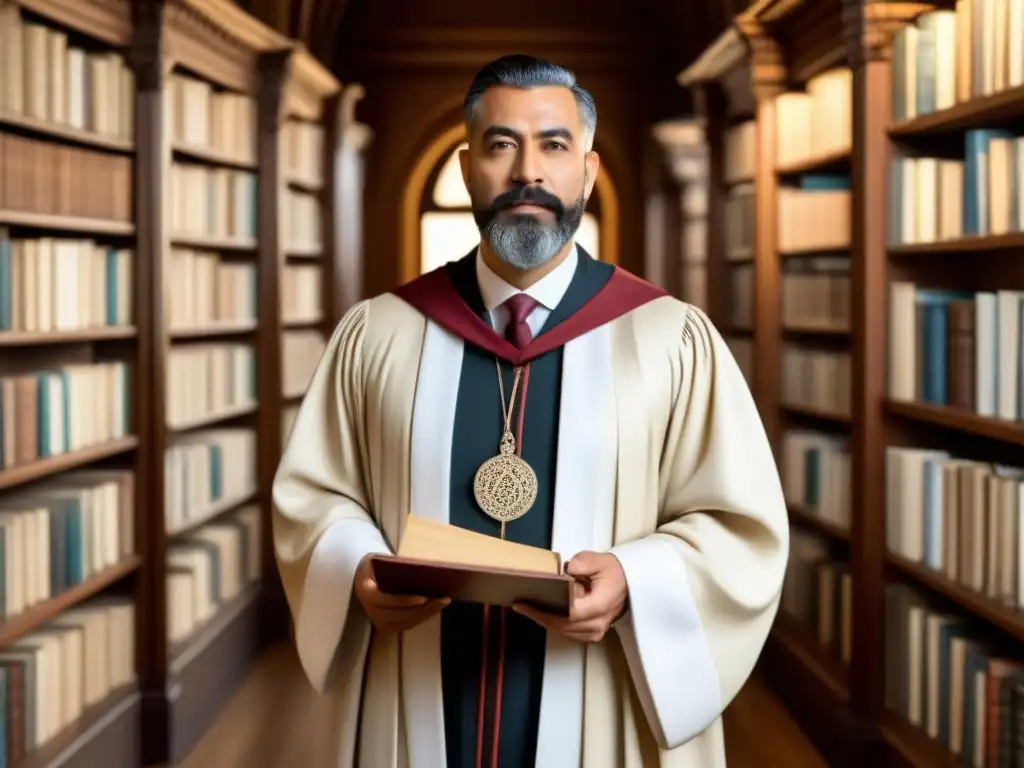 Un sabio personaje en una biblioteca histórica, rodeado de libros y símbolos de sabiduría