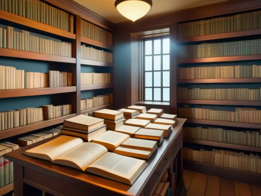 Una sala de archivo genealógico detallada con libros antiguos, pergaminos y mapas