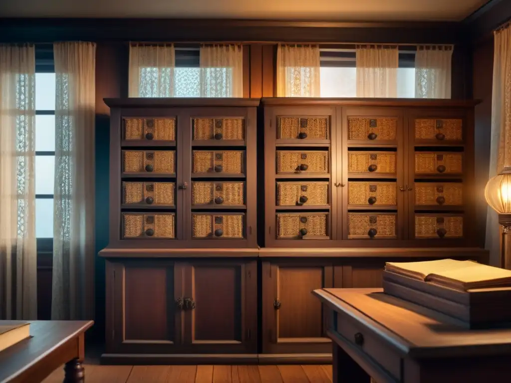 Una sala de archivos genealógicos vintage, repleta de documentos antiguos y fotografías, iluminada por una cálida luz