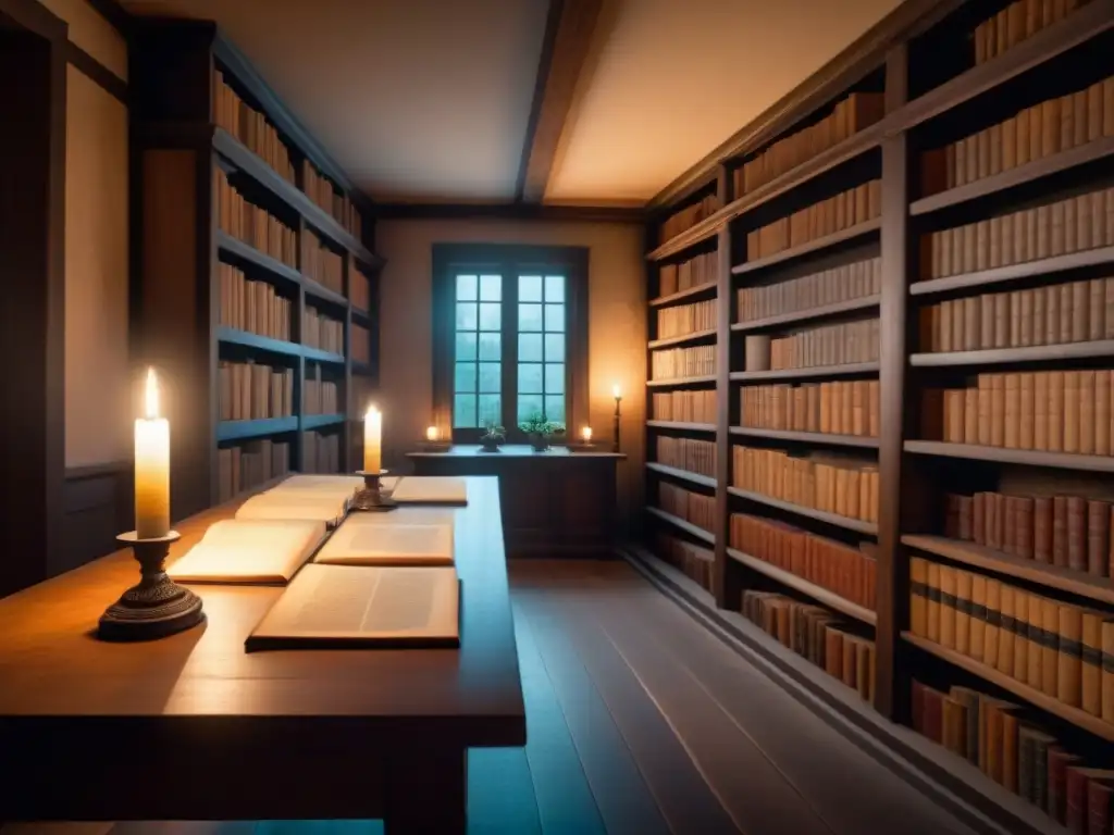 Una sala de archivos históricos genealógicos iluminada por una vela, llena de pergaminos antiguos y libros de cuero