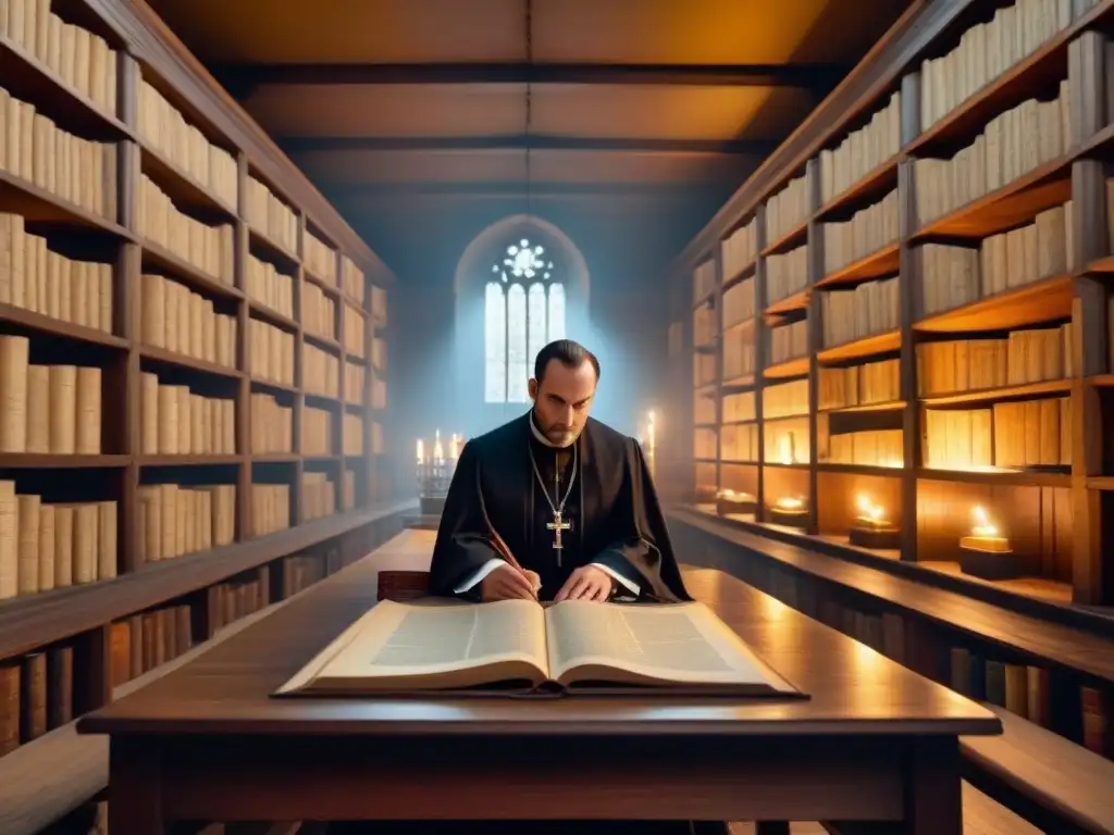 Una sala de archivos de iglesia antigua llena de manuscritos antiguos y pergaminos, iluminada por velas