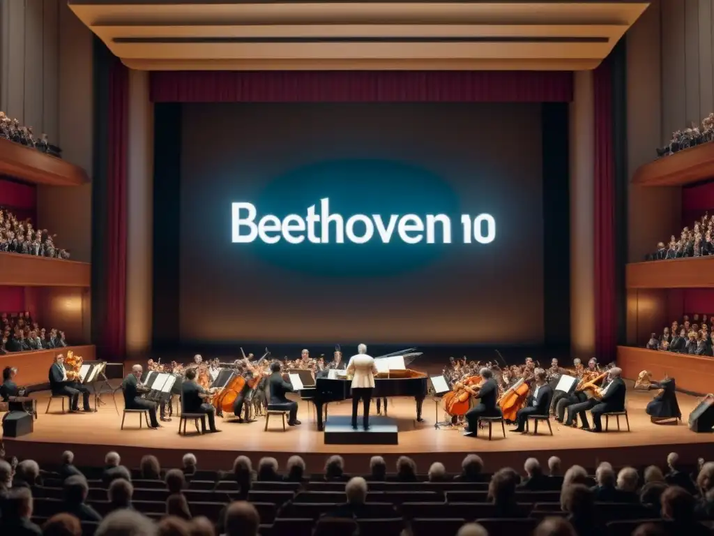 Concierto épico de Beethoven en sala vintage Una sala de conciertos vintage llena de una audiencia diversa, cautivada por la interpretación de la Sinfonía No