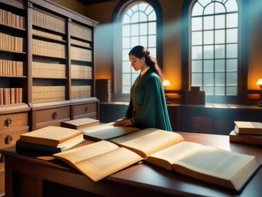 Un salón de archivo ancestral con personas en trajes históricos examinando libros antiguos en estanterías de madera, iluminado por luz solar