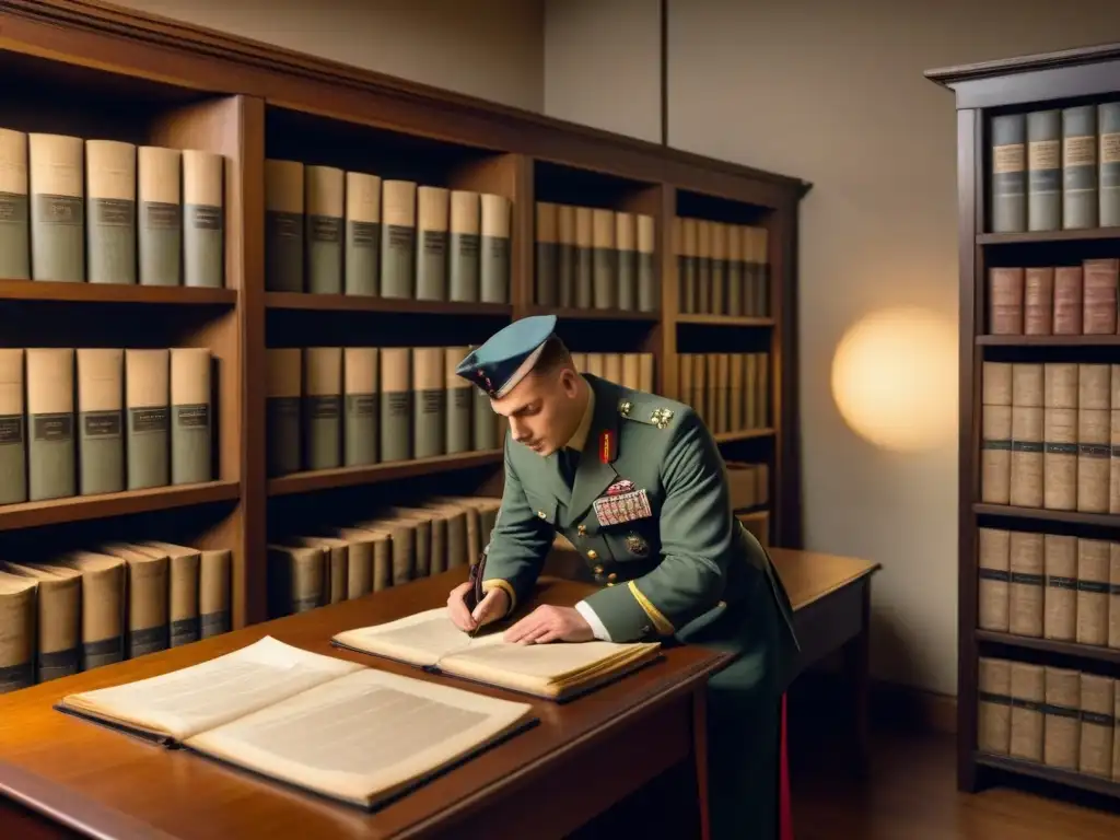 Un salón de archivos militares históricos con registros meticulosamente organizados, libros y mapas antiguos