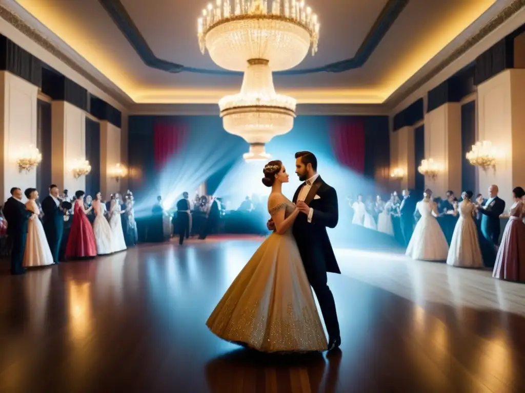 Un salón de baile vintage con parejas elegantes bailando bajo la luz de candelabros, capturando la historia del apellido Julieta