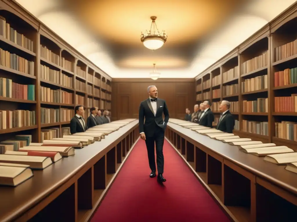 Una fotografía vintage de un salón elegante con personas distinguidas en atuendos formales, rodeadas de libros y premios académicos