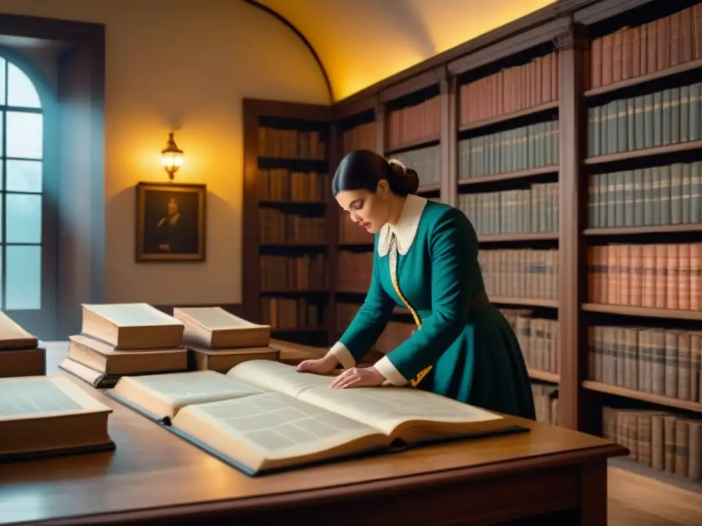 Un salón de genealogía del siglo XIX rebosante de eruditos examinando manuscritos antiguos y árboles genealógicos