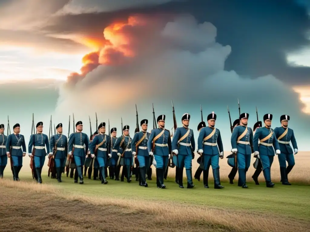 Soldados valientes en batalla, con uniformes elaborados y cielo dramático