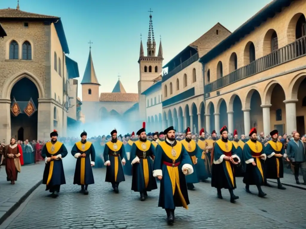 Una procesión solemne en un pueblo medieval durante la Inquisición, con figuras en atuendos renacentistas y heráldicas