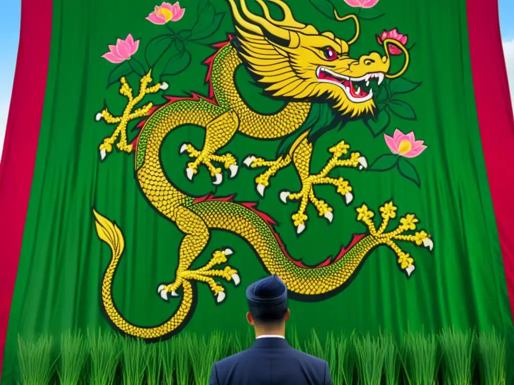 Tapiz vietnamita vintage detallado con dragón majestuoso entre símbolos tradicionales y paisaje de arrozales y flores de loto