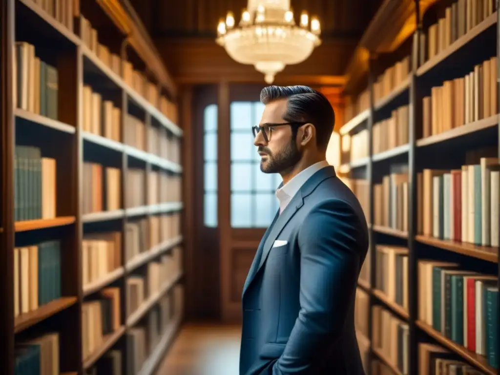 En la tenue luz de una biblioteca, un caballero lee un libro antiguo, representando la Historia de apellidos con G