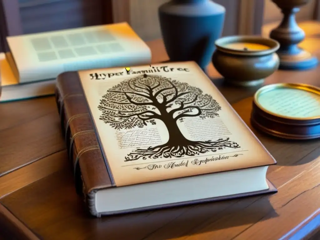 Un tesoro genealógico: libro de árbol genealógico envejecido sobre mesa de madera, rodeado de archivos antiguos