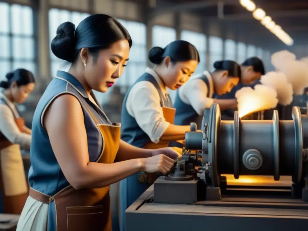 Trabajadores asiáticos en fábrica vintage, mostrando su determinación y colaboración