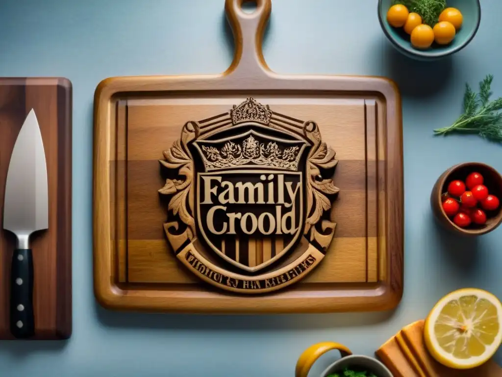 Utensilios de cocina personalizados con escudos tallados en detalle en tabla de madera vintage