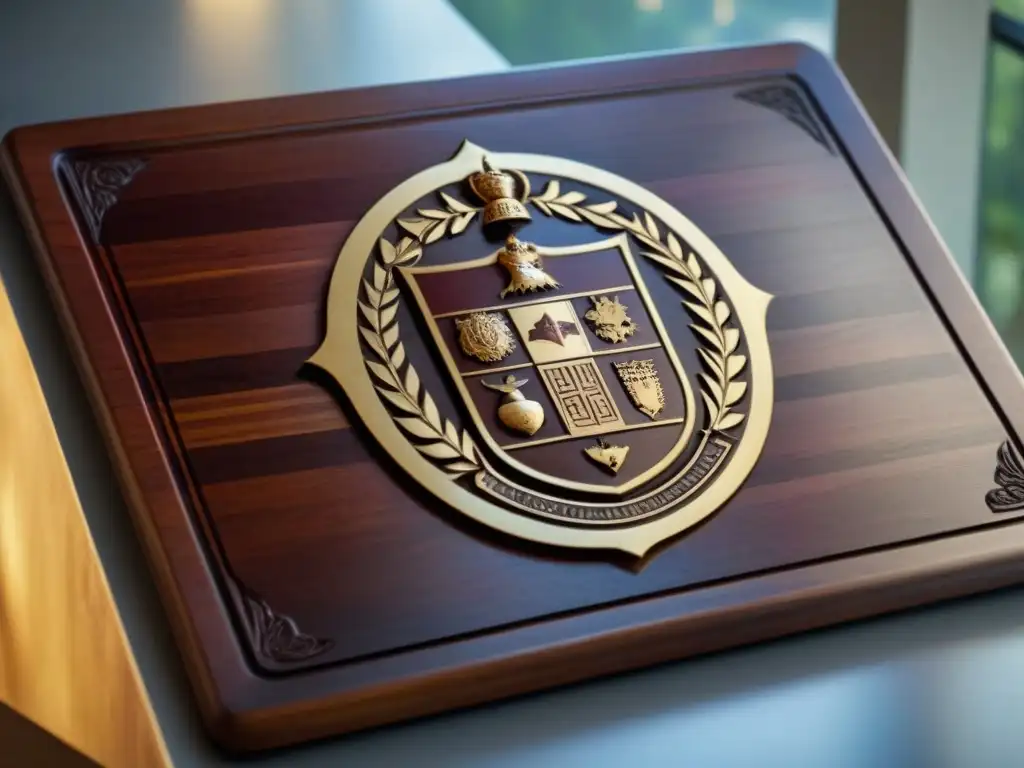 Utensilios de cocina personalizados con escudos familiares detallados en tabla de madera envejecida