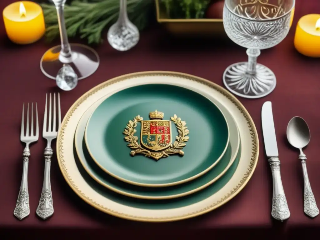 Una vajilla con escudo de armas, elegante y detallada, en una mesa de comedor vintage